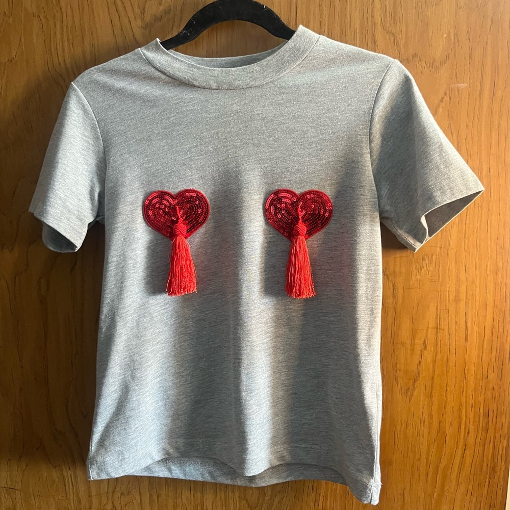 Gray Topshop T-Shirt with Red Heart Tassels